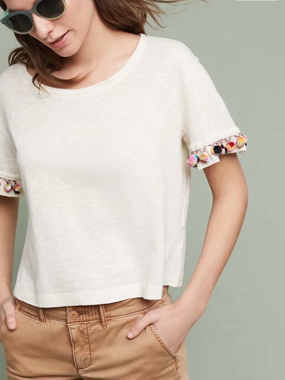 Anthropologie Lilka Pommed Tee Shirt Top Cream Boho Festival
Size Medium